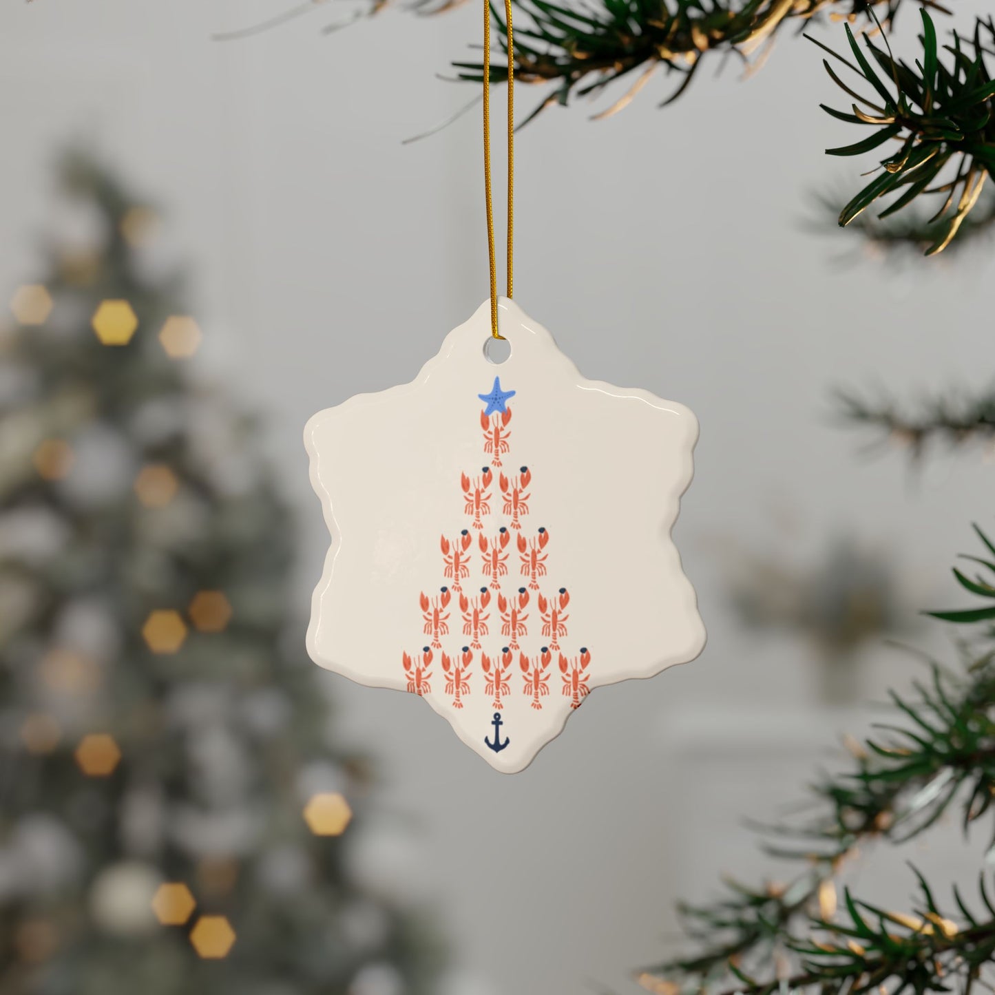 Lobster Holding Quahogs shaped as a Christmas Tree- Ceramic Ornament