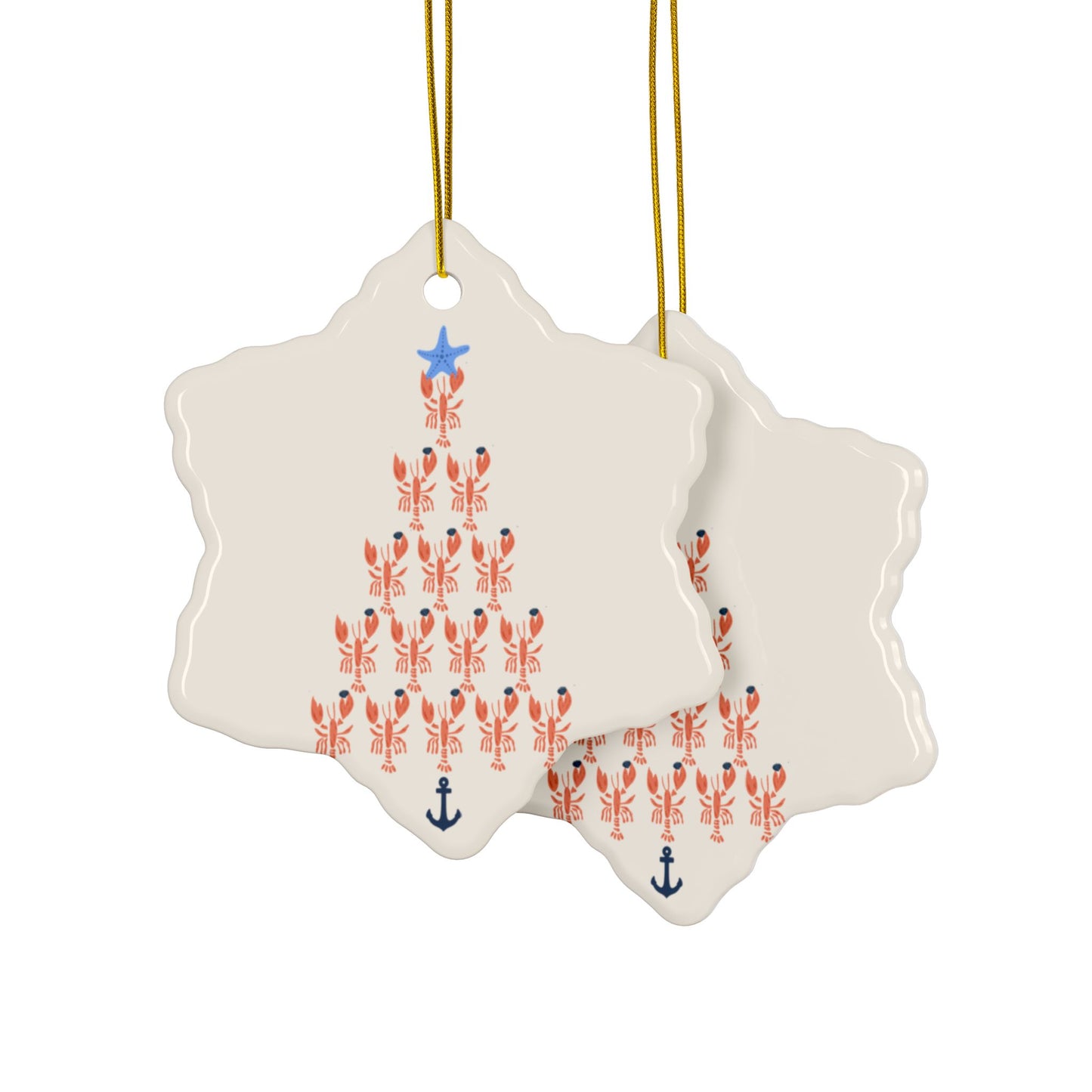 Lobster Holding Quahogs shaped as a Christmas Tree- Ceramic Ornament