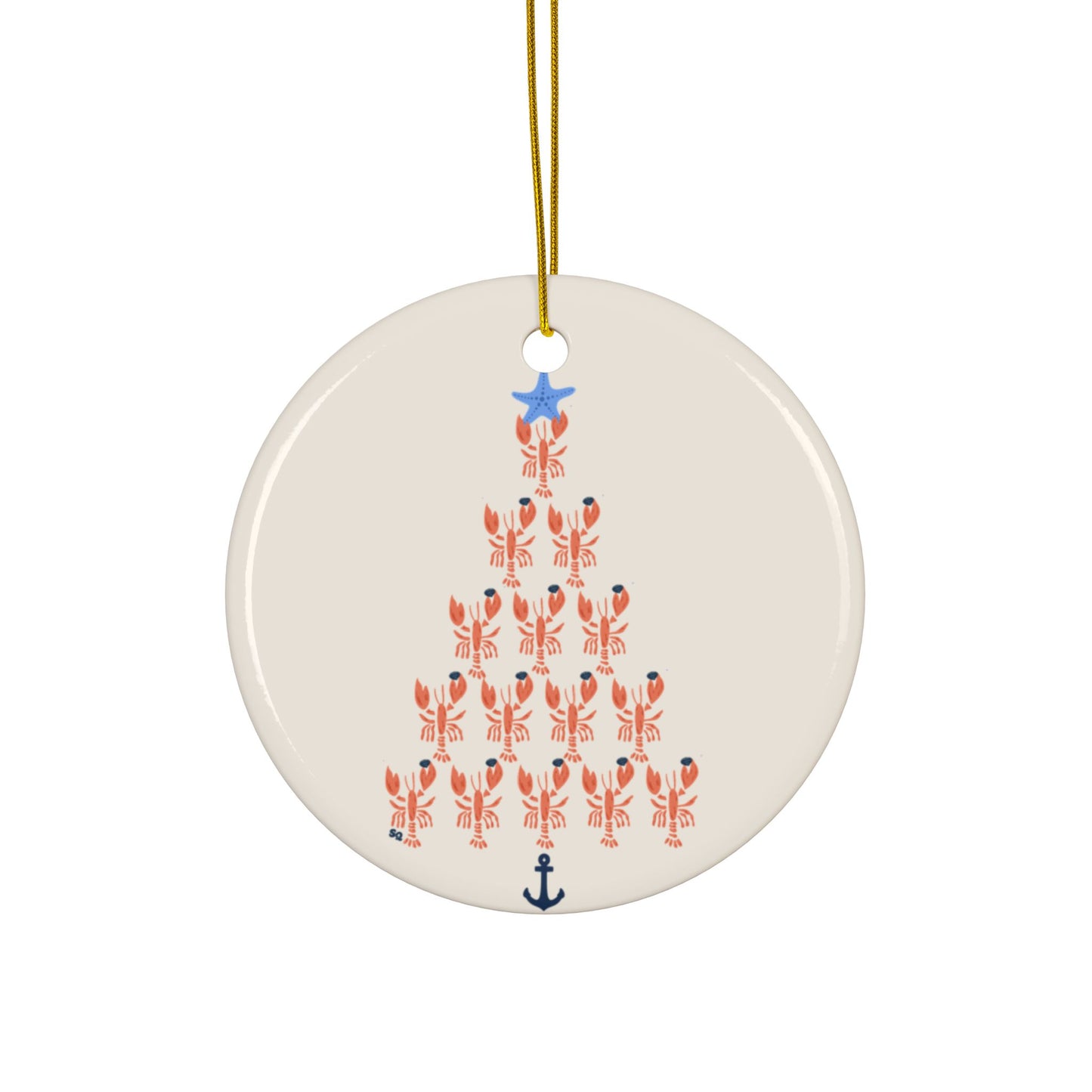 Lobster Holding Quahogs shaped as a Christmas Tree- Ceramic Ornament