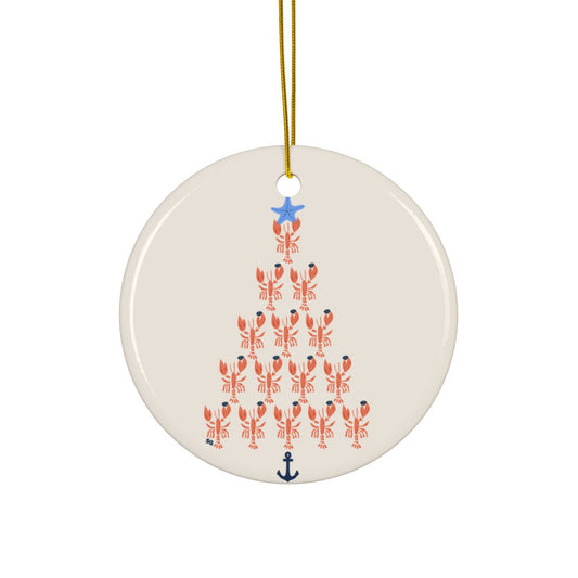 Lobster Holding Quahogs shaped as a Christmas Tree- Ceramic Ornament