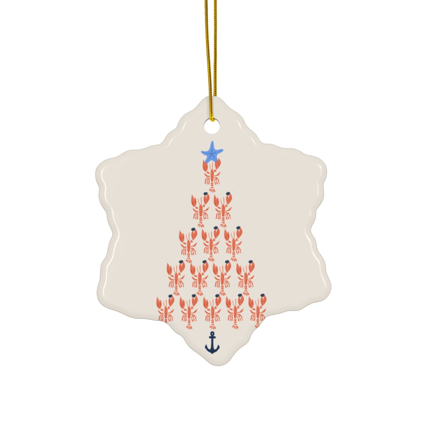 Lobster Holding Quahogs shaped as a Christmas Tree- Ceramic Ornament