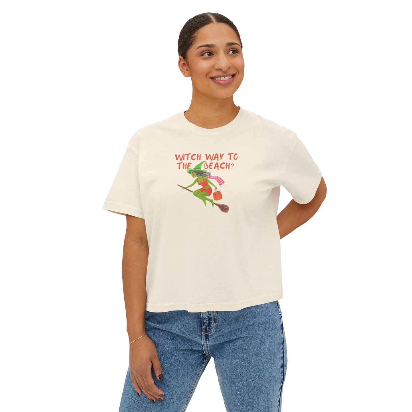 Boxy Tee Witch way to the  Beach Funny Graphic T-Shirt