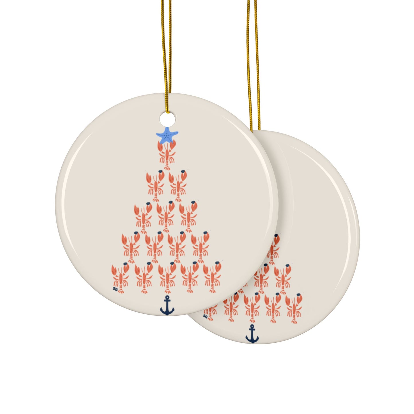 Lobster Holding Quahogs shaped as a Christmas Tree- Ceramic Ornament